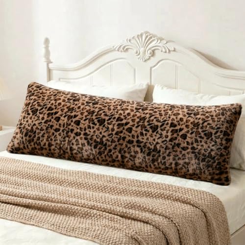 Leopard Body Pillow Cover 20x54 Inches, Brown Cheetah Faux Fur Fluffy Long Pillowcase with Zipper, Soft Shaggy Plush Fuzzy Body Pillow Cover for Bed Sofa Couch, Cozy Side Sleeper Pillow Cover - size: 54"x20"(Pack of 1)