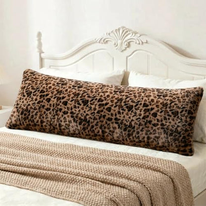 Leopard Body Pillow Cover 20x54 Inches, Brown Cheetah Faux Fur Fluffy Long Pillowcase with Zipper, Soft Shaggy Plush Fuzzy Body Pillow Cover for Bed Sofa Couch, Cozy Side Sleeper Pillow Cover - size: 54"x20"(Pack of 1)