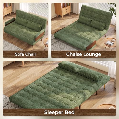 JASIWAY 45" Mid-Century Convertible Sofa Chair Bed Sleeper for Adult, Futon | Space Saving, Sturdy Green Chenille Convertable Guest Bed with Adjustable Backrest, Folding Sofa Chair with Walnut Armrest - color: Mid-century Green, size: 44.5" W Sleeper Chai