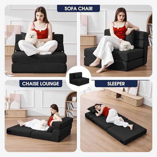 3 in 1 Foldable Chair Bed, Folding Sleeper Chair with Back Cushion, Convertible Chair Bed Sleeper for Adults, Black - color: Carbon Black, size: Modern