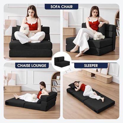 3 in 1 Foldable Chair Bed, Folding Sleeper Chair with Back Cushion, Convertible Chair Bed Sleeper for Adults, Black - color: Carbon Black, size: Modern