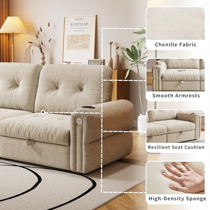 80.4" Queen Sleeper Sofa Bed, 3 in 1 Convertible Pull Out Couch with USB Ports & Cup Holders, Modern Chenille Loveseat Sofabed with Adjustable Backrest for Living Room, Bedroom, Apartment - color: Beige, style: Sofabed w/USB &Cup Holders