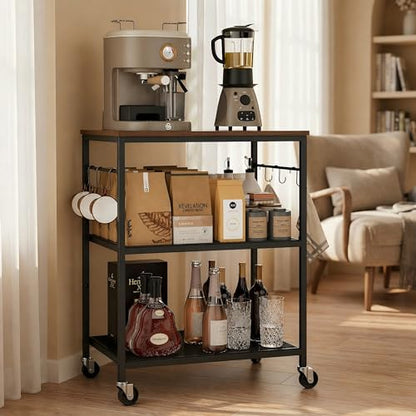 Homleke 3-Tier Rolling Kitchen Microwave Cart, Utility Cart | Coffee Bar Table Station with 6 Hooks, Small Appliance Storage Shelf, Rustic Brown and Black - color: Rustic Brown and Black