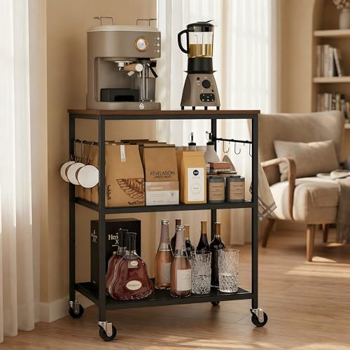 Homleke 3-Tier Rolling Kitchen Microwave Cart, Utility Cart | Coffee Bar Table Station with 6 Hooks, Small Appliance Storage Shelf, Rustic Brown and Black - color: Rustic Brown and Black