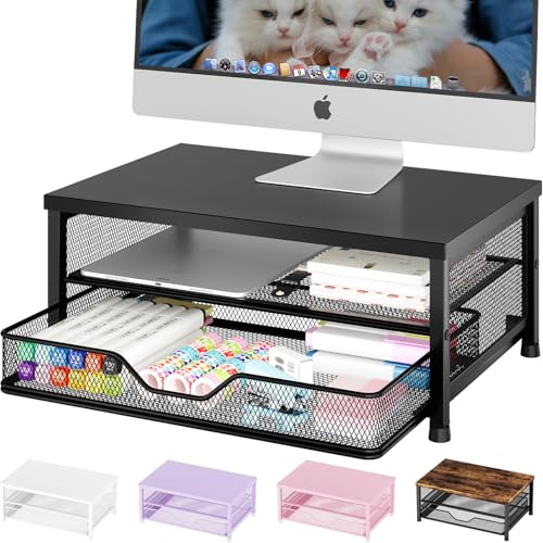 Computer Monitor Stand Riser, Desk Organizer with Drawer, Printer & Laptop Stand, Office Desk Accessories & Workspace Desktop Organizers Storage for Office Supplies(Black) - color: Black