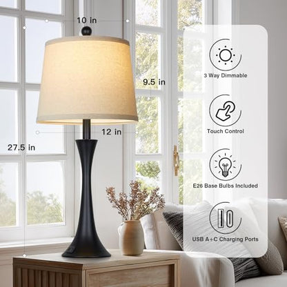 Rinweey 27.5" Table Lamps Set of 2, Touch Bedside Lamps with USB C+A Ports, 3 Way Dimmable Nightstand Lamps for Bedroom, Living Room, Office, Black Lamp with Beige Lampshade, Bulbs Included - color: Black