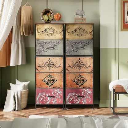 WLIVE Tall Dresser for Bedroom, 5 Drawer Dresser, Pattern | 5 vertical fabric drawers, Tall vertical design, Bedroom or closet use, Dresser for small spaces, Chest of drawers - color: Pattern