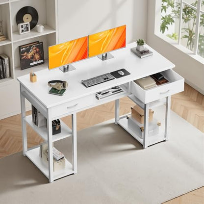 DUMOS 48-Inch Computer Desk with Drawers and Hook, White | Home Office Desk for Bedroom, Gaming Writing Study Desk with Adjustable Feet - color: White, size: 48-In