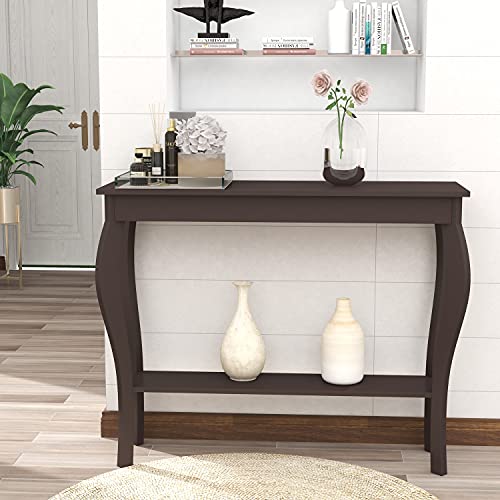ChooChoo 39" Narrow Entryway Table with Storage Shelf, Espresso | Console Table with Curved Legs, Chic Accent Sofa Table with Shelves for Entryway, Living Room, Hallway - color: Espresso