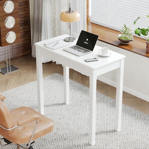 Solid Wood Desk with Drawers - 32 x 16 Inch Simple Narrow Desks, Rubber Wood Study Table, Small Writing Desk for Bedroom|Small Spaces - Modern White Desks - color: White, size: 31.5 in W x 15.7 in D