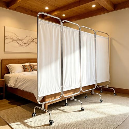 4-Panel Medical Privacy Screen, 79" W X 71" H Portable Room Divider with Lockable Wheels, Movable Stainless Steel Folding Room Partitions for Hospital, Clinic, Bedroom, Salon, White