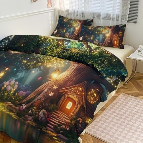 Fairy Forest 3 Piece Reversible Bedding Set 86"x70",Double Sided Brushed Microfiber Duvet Cover Set with 2 Pillowcases Soft Breathable Comforter Cover for Home - color: Fairy Forest, size: 86"x70"
