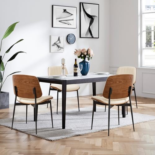 LUNLING Dining Chairs Set of 4 Mid Century Modern Retro Faux Leather Chairs with Walnut Bentwood Upholstered Seat Metal Legs Chair,Adjustable Foot for Kitchen Dining Room Chairs(Beige) - color: Beige, size: Set of 4