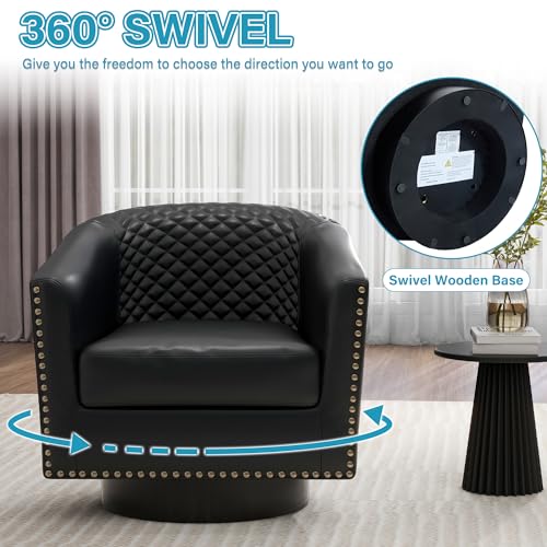 Faux Leather Swivel Accent Chair, Modern Barrel Club Armchair, Black | Comfy Living Room Chair, Modern Nailhead Trim Round Armchair Bedroom Reading Seat with Removable Cushion, Wood Frame - color: Retro Black