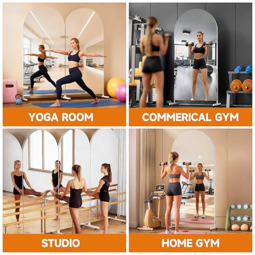 Hasipu 75" x 28" Arched Full Length Mirror on Wheels | HD tempered glass, sturdy aluminum frame, 4 smooth casters with locks, ideal for yoga, dance studio, bedroom & home gym. - size: 75"L x 28"W