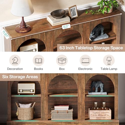 Tribesigns Console Table with Storage, 63" Long Arched Entryway Table | 3 Tier Wooden Farmhouse Rectangular Sofa Table Behind The Couch for Entrance, Hallway, Foyer, Living Room, Dark Brown - color: Dark Brown
