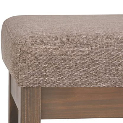 SIMPLIHOME Milltown 27" Wide Linen Look Rectangle Ottoman in Fawn Brown | Contemporary upholstered ottoman with a cushioned seat for extra seating in the bedroom; footstool, footrest or bench. - color: Fawn Brown, style: Small Ottoman Bench
