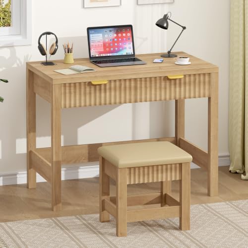 32 Inch Small Fluted Computer Desk with 2 Drawers & Stool for Bedroom | Small Wooden Computer Desk with Storage, Compact Writing Study Vanity Desk with Stool for Small Spaces, Oak - color: Oak, size: 32-Inch Desk with Stool