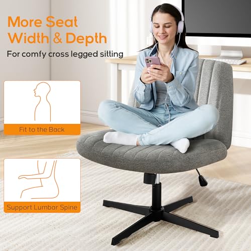 DUMOS Criss Cross Chair No Wheels Legged Office Wide Comfy Desk Vanity Chair, Armless Computer Task Seating, Swivel Home Height Adjustable for Bedroom, Study, Grey Fabric - color: Grey Fabric