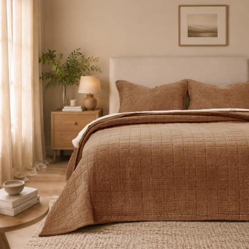 Pre-Washed Cotton Queen Size Quilt Set 90x98 Waffle Textured | Lightweight Breathable Bedspread Coverlet,All Season Bedding Set,Oversized Elegant Design，with 2 Pillow Shams Caramel - color: Caramel, size: Queen-90x98