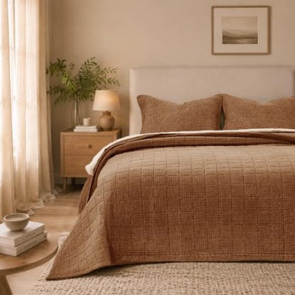 Pre-Washed Cotton King Size Quilt Set 98x106 Waffle Textured | Lightweight Breathable Bedspread Coverlet,All Season Bedding Set,Fits King & Cal King，with 2 Pillow Shams Caramel - color: Caramel, size: King-98x106