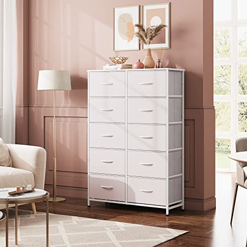 WLIVE Tall Dresser for Bedroom with 10 Fabric Drawers, White | 10 Drawers, Fabric Dresser for Closet, Storage Tower with Cabinet, Metal Frame - color: White