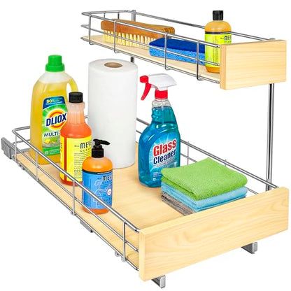 LYNK PROFESSIONAL® SELECT™ Pull Out Under Sink Kitchen Cabinet Organizer - 11.5 in. x 21 inch deep Drawer - Sliding Shelf Organizer and Undersink Storage Shelves - Lifetime Ltd. Warranty – Chrome - color: 11.5"W x 21"D Wood