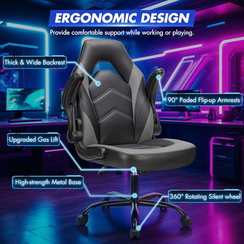 Sweetcrispy Computer Desk Chair, Lumbar Support Video Game Chair PU Leather | PU Leather Flip-up Armrest, Height Adjustable, 360 Swivel for Adults, Black Grey - color: Black Grey