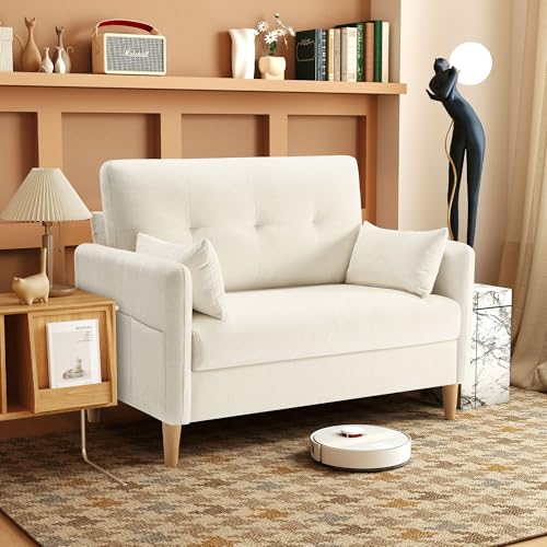 Urhanherry 47" Small Sofa Couch, Soft Chenille loveseat Mini Couch with Throw Pillow and Removable Cushion Cover for Small Spaces, Bedroom, Apartment, Dorm, Office, Living Room(Beige) - color: Beige