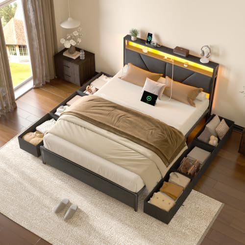 Full Size Bed Frame with Storage Headboard, 6 Drawers, LED&Charging | 2-Tier Fabric Upholstered Headboard, Charging Station&RGB Lights, No Box Spring Needed, easy assembly, Noise-Free - color: Dark Gray, size: Full