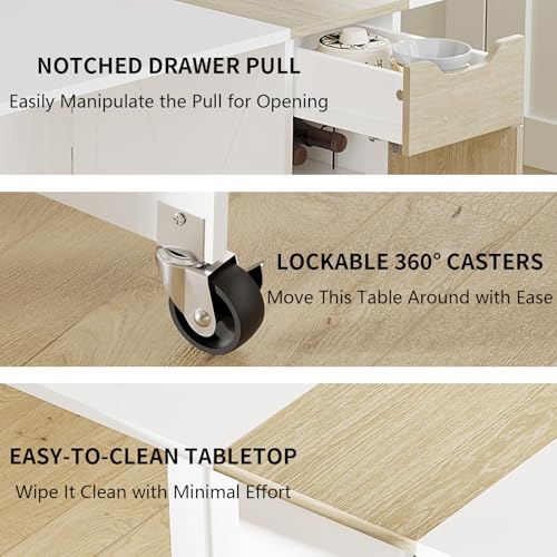 Folding Dining Table for 2-6, Easy Assembly, White+Oak | 52.7" Folding Dining Table with 6 Wheels, Drop Leaf Table with Drawers, Shelves and Wine Rack for Small Spaces - color: White