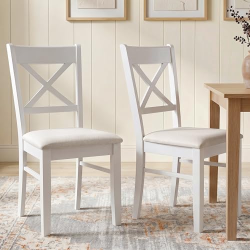 HOMCOM Dining Chairs Set of 2 Upholstered Kitchen Chairs Cross Back White | Rubberwood Frame, Padded Seat, for Living Room, Dining Room, Kitchen - color: White, style: Cross Back