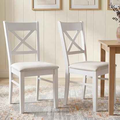 HOMCOM Dining Chairs Set of 2 Upholstered Kitchen Chairs Cross Back White | Rubberwood Frame, Padded Seat, for Living Room, Dining Room, Kitchen - color: White, style: Cross Back