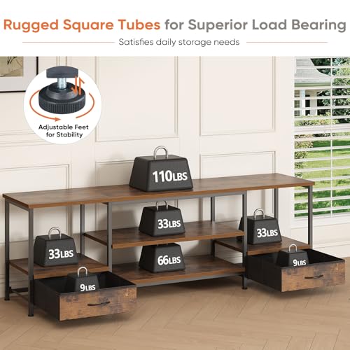 DUMOS 63" TV Stand with Fabric Drawers for 65 70 75 Inches TV | Entertainment Center and Industrial TV Console Table with Open Storage Shelves for Living Room, Bedroom, Rustic Brown - size: 63.0 Inch