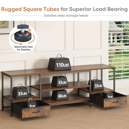 DUMOS 63" TV Stand with Fabric Drawers for 65 70 75 Inches TV | Entertainment Center and Industrial TV Console Table with Open Storage Shelves for Living Room, Bedroom, Rustic Brown - size: 63.0 Inch