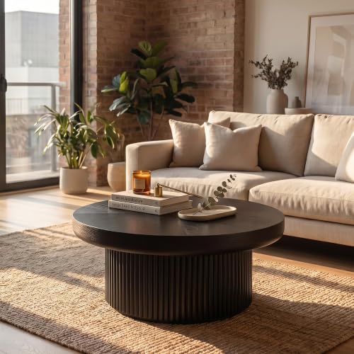 33.5" Round Coffee Table with Real Wood Parquet Top,Black | Mid-Century Modern Tea Table Center Table, Thickened Tabletop, Sturdy Base for living Room, Easy Assembly - color: E-33.5" Black