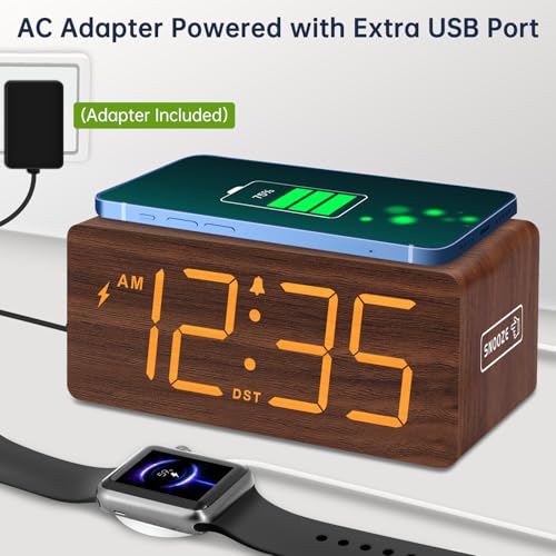 DreamSky Wooden Digital Alarm Clock with Wireless Charging for Bedroom | Bedside Nightstand Clock with Charger Station, USB Port, Large Numbers, Adjustable Volume, Brightness Dimmer, DST - color: Brown