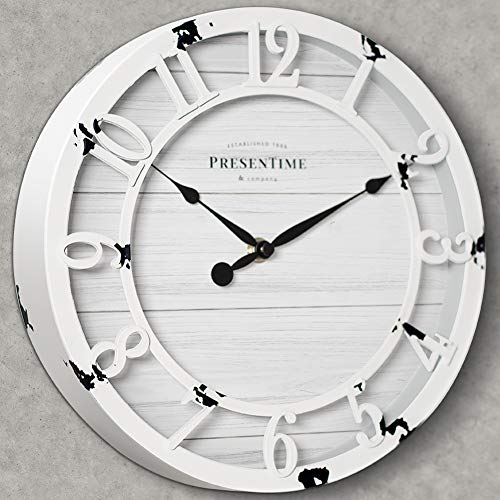 10" Farmhouse Series Wall Clock | Shiplap Style, Raised 3D Arabic Numeral, Antique Distressed White - color: Antique Distressed White, size: 10 inch