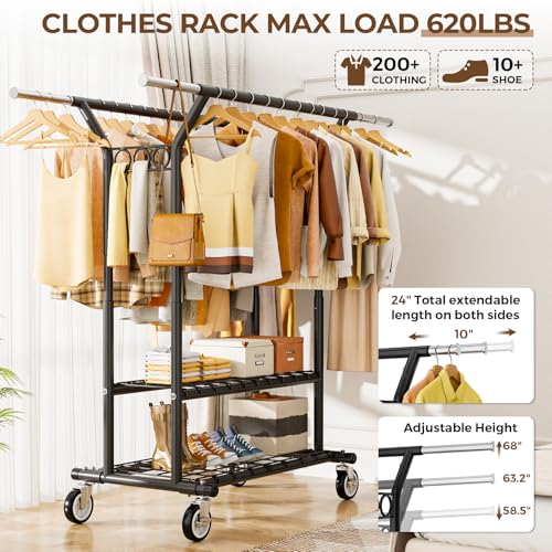 HYSEYY Heavy Duty Clothes Rack, Rolling Clothing Rack With Shelves Load 620 LBS, Double Rod Clothing Racks for Hanging Clothes, Portable& Adjustable Clothes Rack with Wheels,Black - color: Black