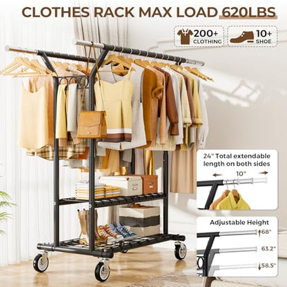 HYSEYY Heavy Duty Clothes Rack, Rolling Clothing Rack With Shelves Load 620 LBS, Double Rod Clothing Racks for Hanging Clothes, Portable& Adjustable Clothes Rack with Wheels,Black - color: Black