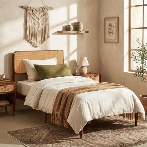 Giantex Wooden Bed Frame Twin Size, Rattan Headboard Platform Bed (Twin) | Wooden Slat Support, Acacia Wood Mattress Foundation No Box Spring Needed - size: Twin