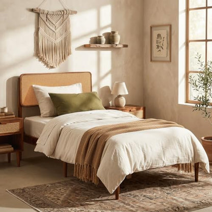 Giantex Wooden Bed Frame Twin Size, Rattan Headboard Platform Bed (Twin) | Wooden Slat Support, Acacia Wood Mattress Foundation No Box Spring Needed - size: Twin