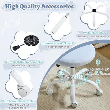 VINGLI Small Vanity Chair with Faux Fur Wheels for Girls,Cute Adjustable Height Armless Office Desk Chair,360°Swivel Comfy Rolling for Study,Make up Room,Small Space,Blue - color: Furry Blue