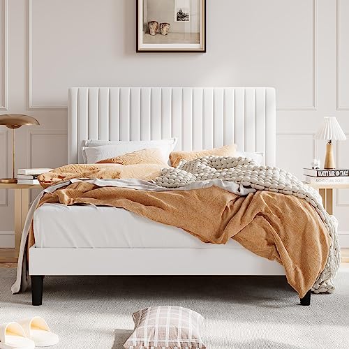SHA CERLIN Queen Upholstered Platform Bed Frame with Vertical Channel Tufted Velvet Fabric Adjustable Headboard, Wooden Slats Support, Mattress Foundation, Box Spring Optional, White - color: White, size: Queen