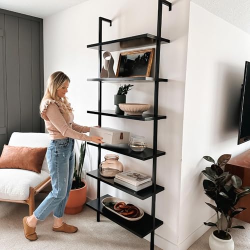 Nathan James Theo 6-Shelf Tall Bookcase, Wall Mount Bookshelf Wood Shelves and Metal Frame, Matte Black, Set of 4 - color: Black, size: Set of 4