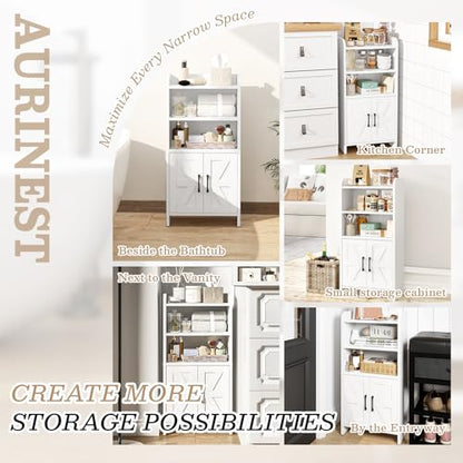 Small Bathroom Storage Cabinet, Farmhouse Freestanding Toilet Paper Storage with 2 Doors and Shelves, Slim Bathroom Storage Cabinet for Small Spaces, White, 7.9" D x 14.2" W x 29.5" H