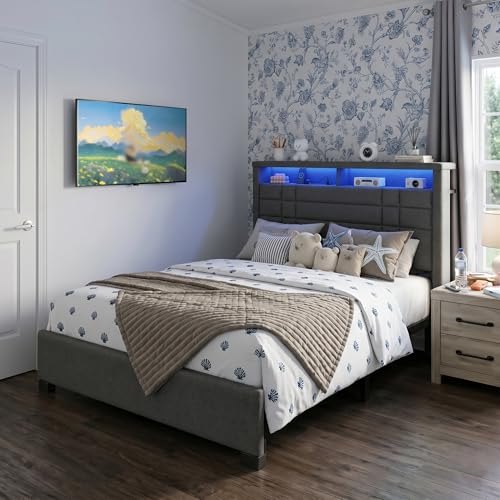 EnHomee Full Upholstered Bed Frame with Charge Station & LED Lights, Grey | 2-Tier Shelves Headboard, 12" Under-Bed Storage Space, Noise-Free, No Box Spring Needed, Easy Assembly - color: Grey, size: Full