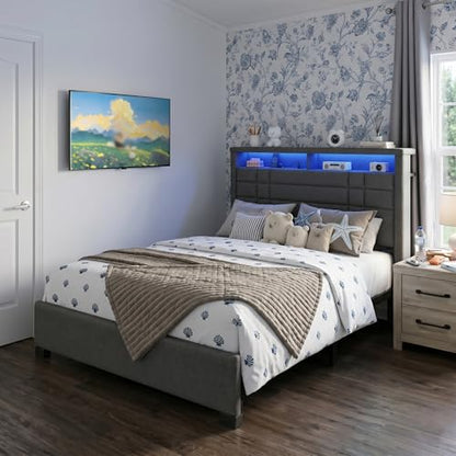EnHomee Full Upholstered Bed Frame with Charge Station & LED Lights, Grey | 2-Tier Shelves Headboard, 12" Under-Bed Storage Space, Noise-Free, No Box Spring Needed, Easy Assembly - color: Grey, size: Full