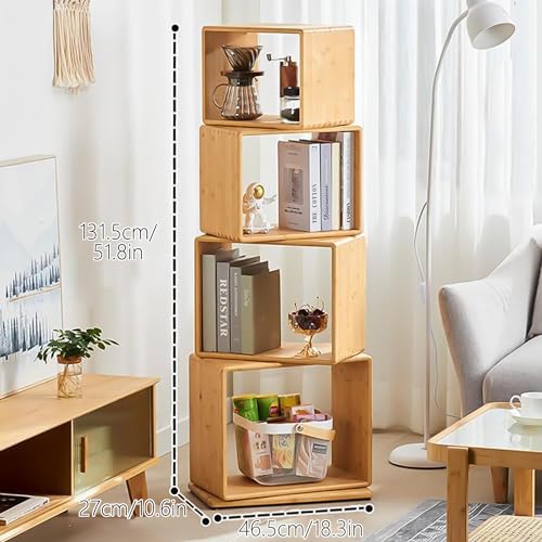 4-Tier Modern Rotating Bamboo Bookcase, DIY Free-Standing Bookshelf Large Capacity Creative Open Book Cabinet, 2 in 1 Nightstand Storage Organizer Lattice Shelf for Home, Office, Living Room, 4-Cube - size: 4-Tier