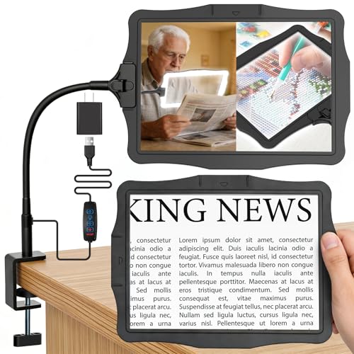 Magnifying Glass w/Light for Seniors Elderly Reading Full Page Diamond Painting, Magnifier w/Dimmable LED Desktop Lamp, Hands Free Magnifier for Crafts Arts Sewing Close Work